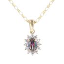 9ct Yellow Gold Cubic Zirconia and Mystic Topaz Cluster Pendant and Chain 18"