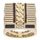 14ct Yellow Gold Monaco Black Cubic Zirconia and Black Enamel Curb Detail Signet Ring