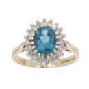 9ct Yellow Gold Blue Topaz and 0.20ct Diamond Cluster Ring