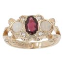 9ct Yellow Gold Garnet and Opal Three Stone Ring