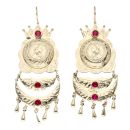 14ct Yellow Gold Red Gemstone Coin Drop Earrings