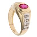 14ct Yellow and White Gold Cubic Zirconia and Red Gemstone Signet Ring