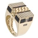 14ct Yellow Gold Monaco Black Cubic Zirconia and Black Enamel Curb Detail Signet Ring