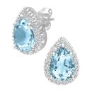 9ct White Gold Blue Topaz and Diamond Halo Teardrop Stud Earrings