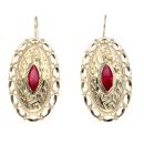 14ct Yellow Gold Red Gemstone Greek Key Drop Earrings
