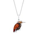 Sterling Silver Baltic Amber Kingfisher Bird Pendant Necklace
