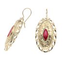 14ct Yellow Gold Red Gemstone Greek Key Drop Earrings