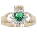 9ct Yellow Gold Cubic Zirconia and Green Gemstone Claddagh Ring