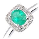 9ct White Gold Oval Emerald and Diamond Cluster Ring