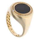 14ct Yellow Gold Black Gemstone and Cubic Zirconia Oval Signet Ring