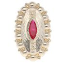 14ct Yellow Gold Red Gemstone Greek Key Patterned Marquise Ring