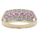 9ct Yellow Gold 0.04ct Diamond and Pink Topaz Three Row Ring
