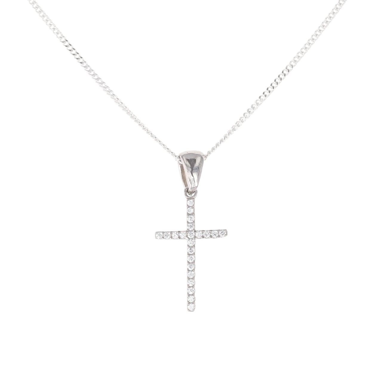Silver Cubic Zirconia Cross Pendant And Chain 18" By Icesia