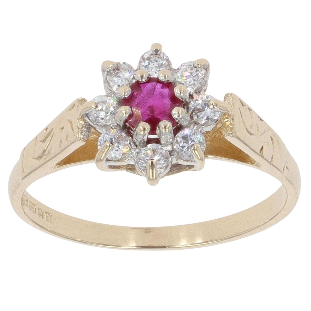 9ct Yellow Gold Cubic Zirconia and Ruby Cluster Ring