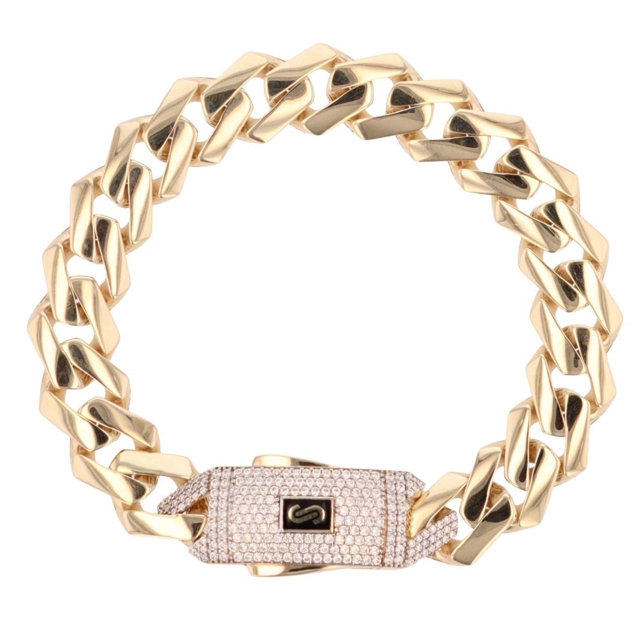 14ct Yellow Gold Monaco Curb Edge Cubic Zirconia Pave Lock Bracelet 9"