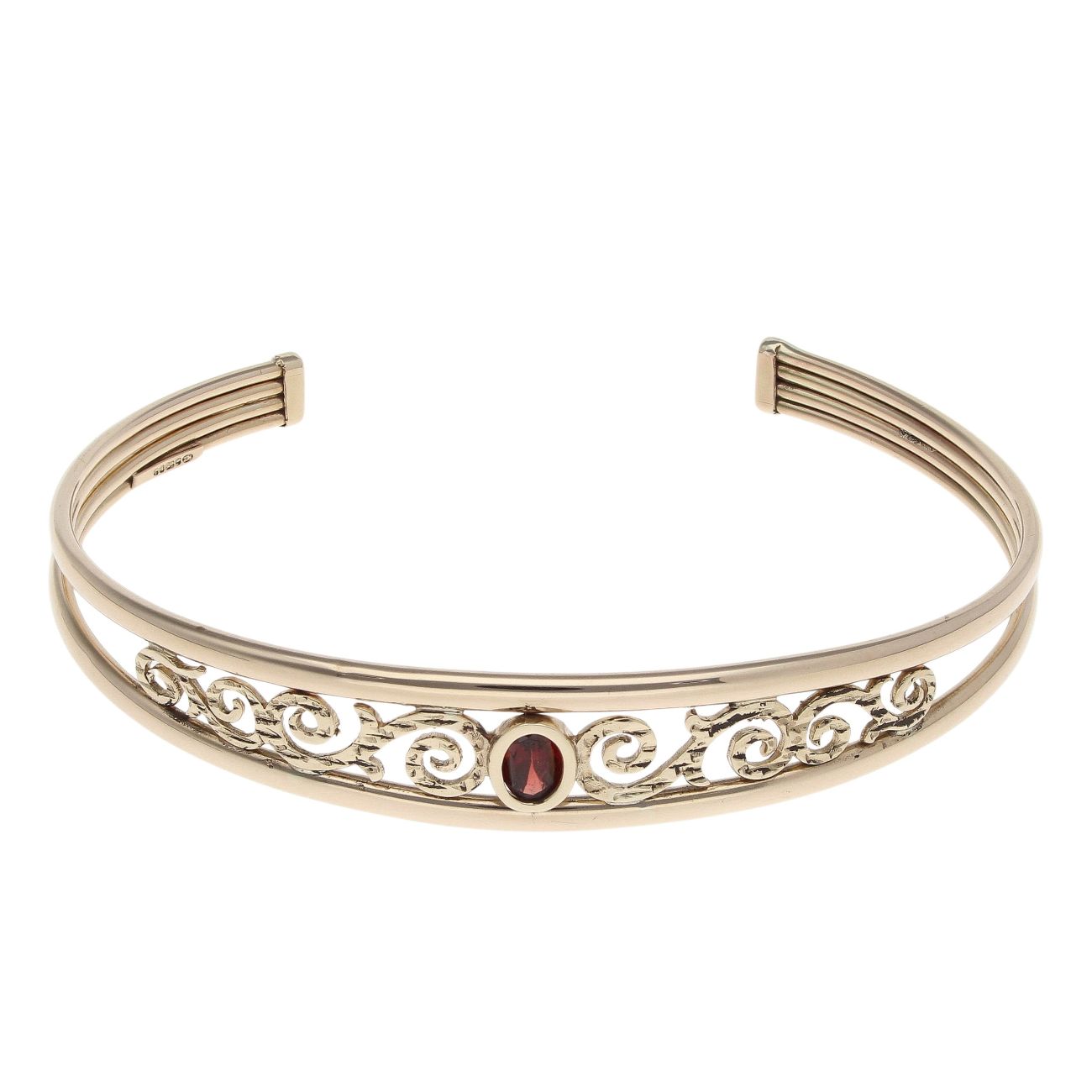 9ct Yellow Gold Garnet Swirls Torque Bangle