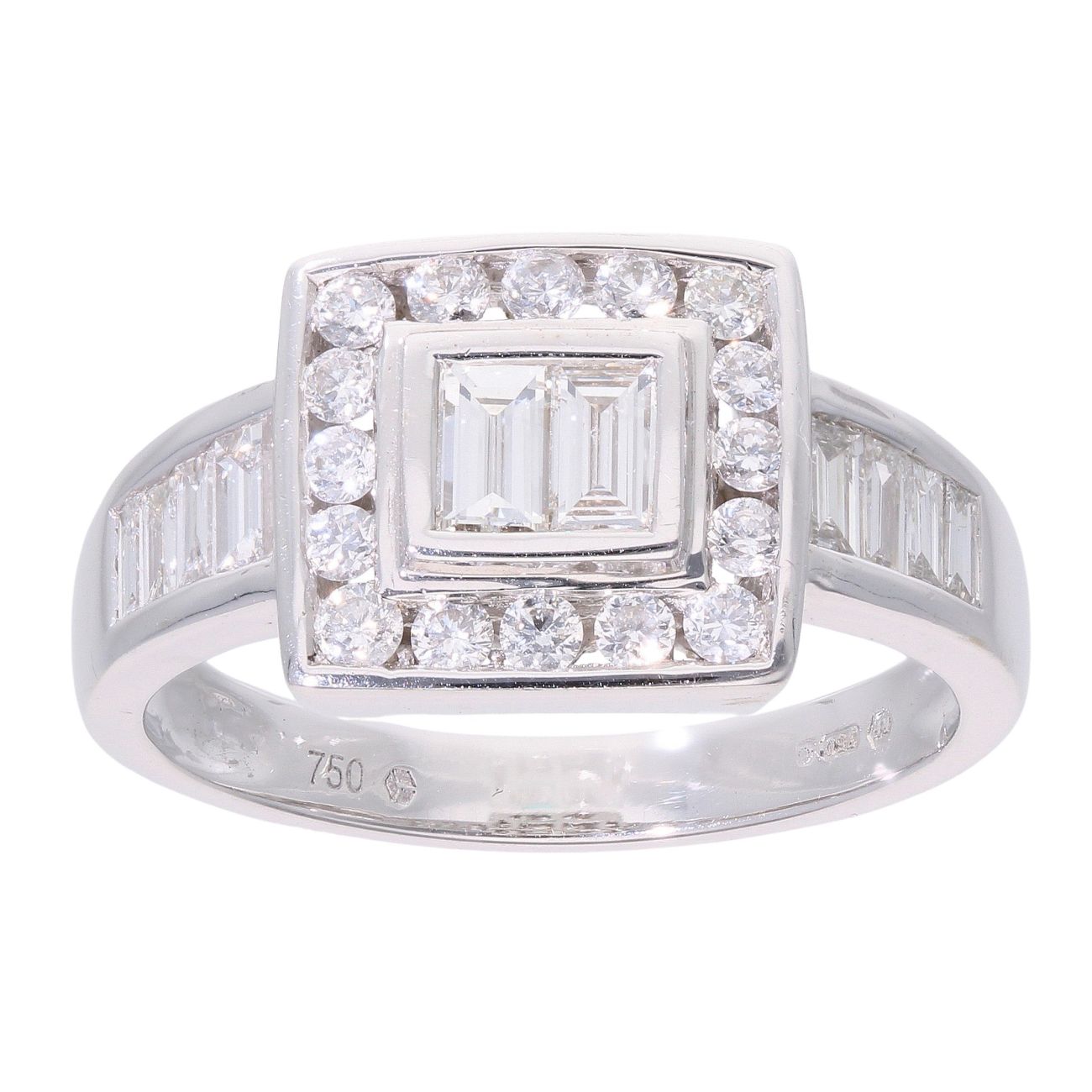 18ct White Gold 1.00ct Baguette and Brilliant Cut Diamond Cluster Ring