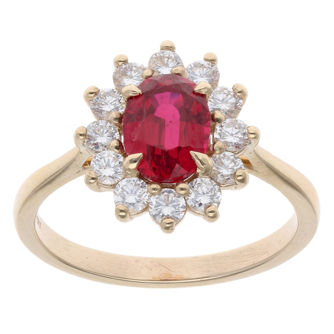 Lab Grown 9ct Yellow Gold 0.75ct Brililant Cut Diamond And Created Ruby Cluster Ring