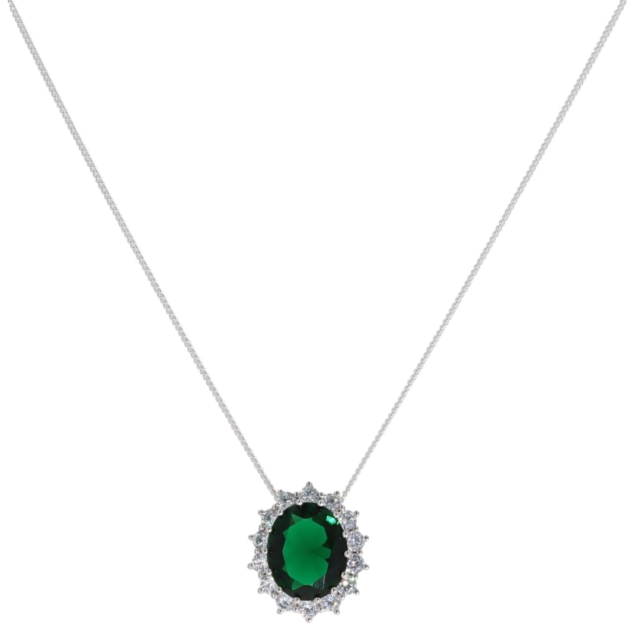 Silver Cubic Zirconia And Green Gemstone Cluster Pendant And Chain 18" By Icesia