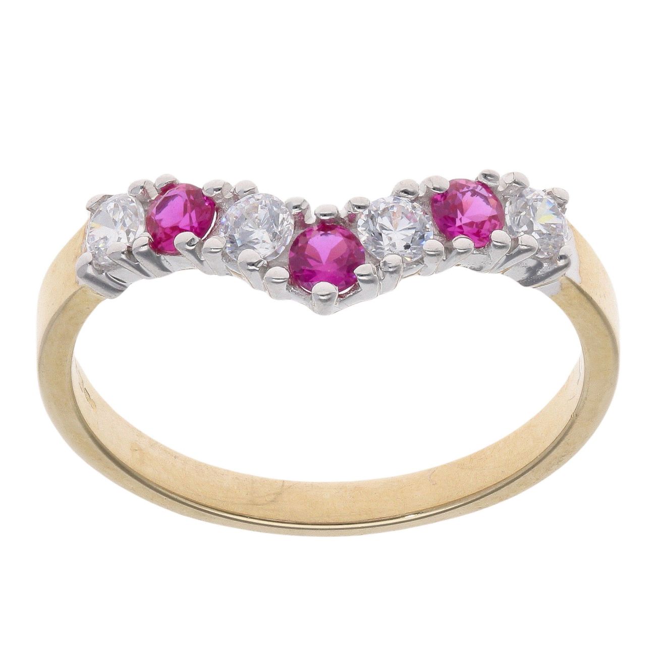 9ct Yellow Gold Pink Gemstone And Cubic Zirconia Wishbone Ring