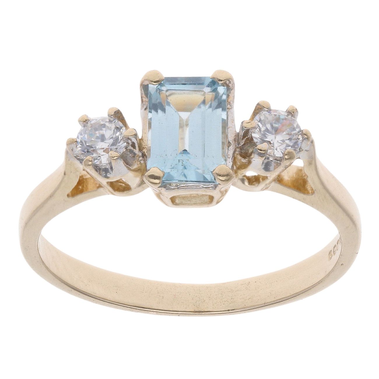 9ct Yellow Gold Cubic Zirconia and Aquamarine Three Stone Ring