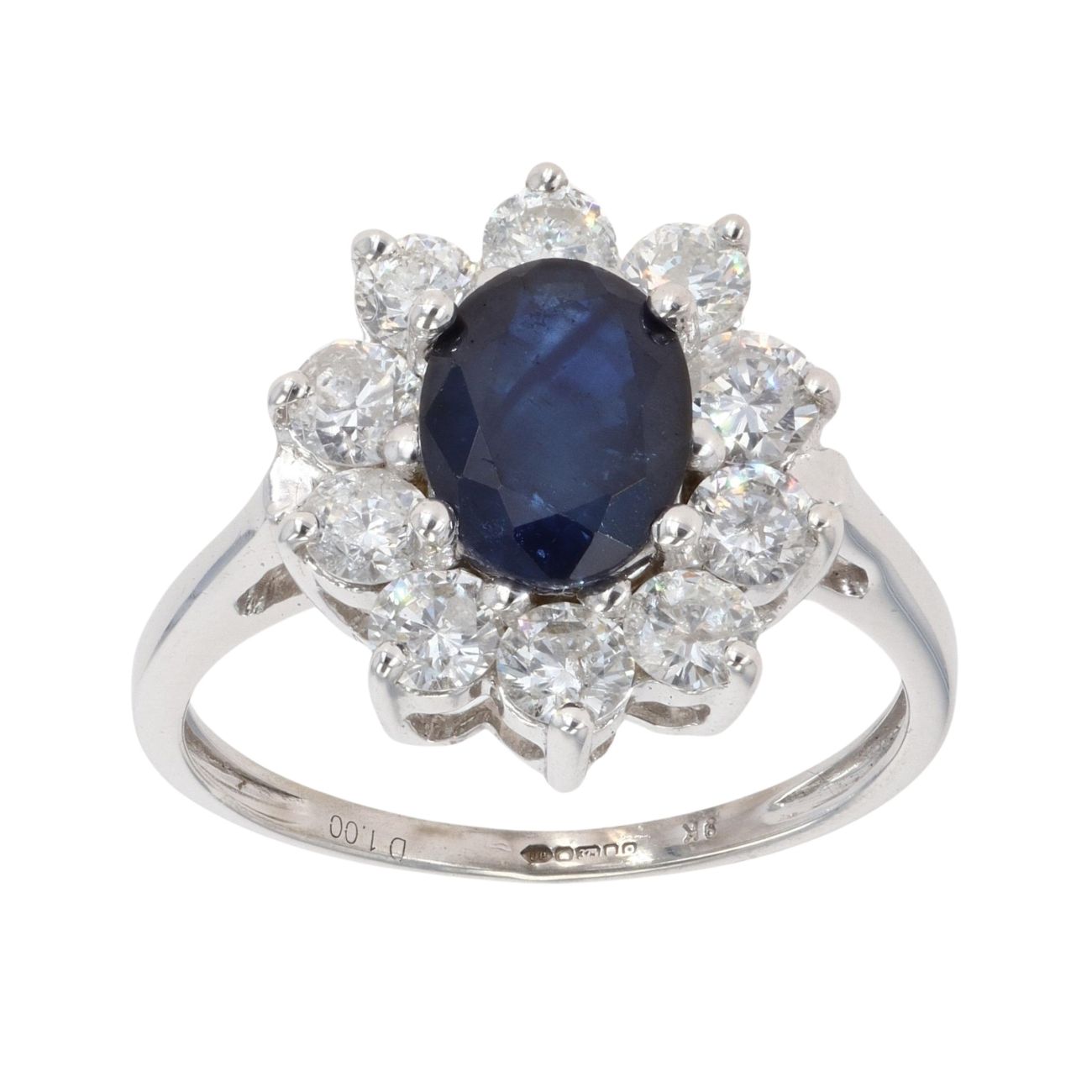 9ct White Gold 1.00ct Sapphire And Diamond Cluster Ring