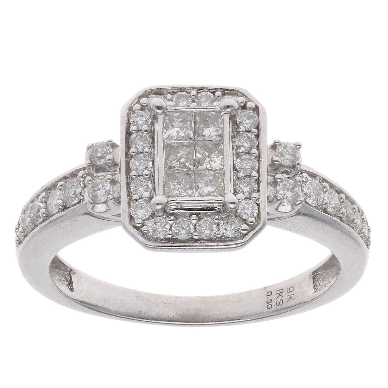 9ct White Gold 0.50ct Princess And Brilliant Cut Diamond Cluster Ring