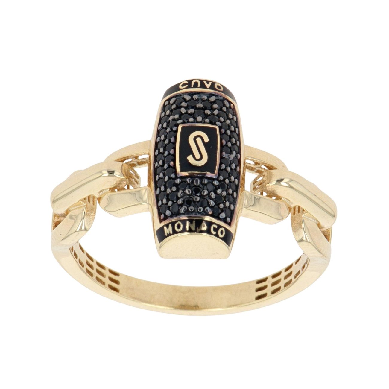 14ct Yellow Gold Monaco Cavo Plain Black Pave Link Ring