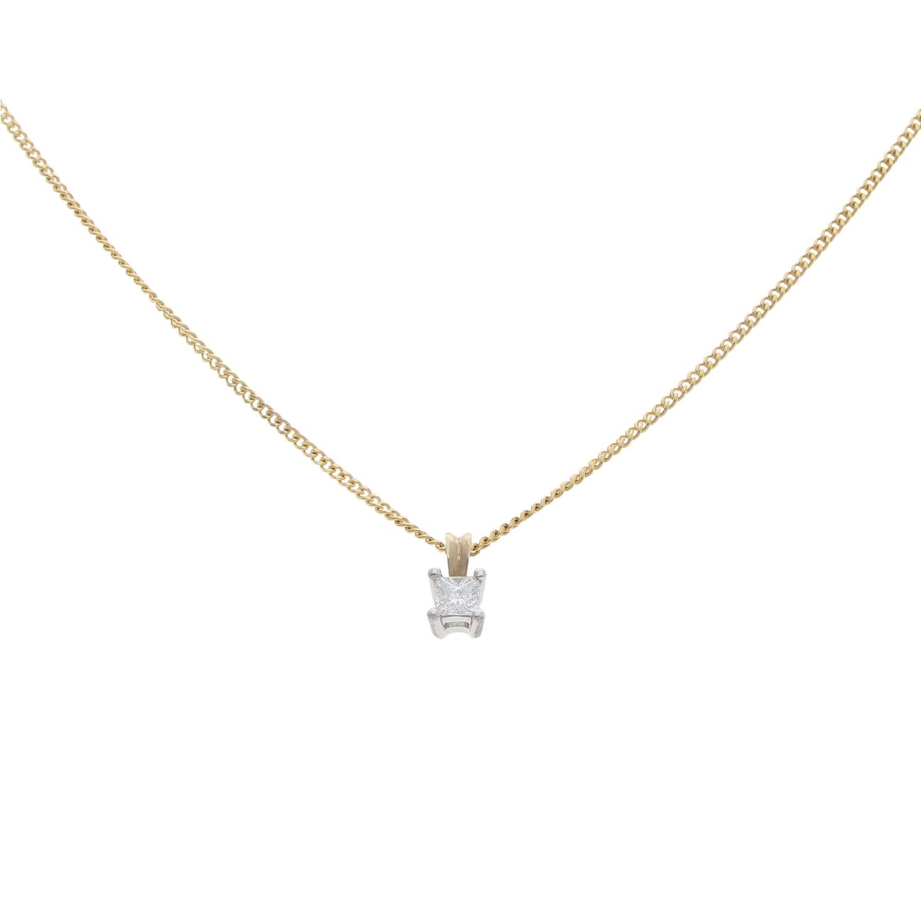 9ct Yellow Gold 0.20ct Princess Cut Diamond Solitaire Pendant and Chain 16"