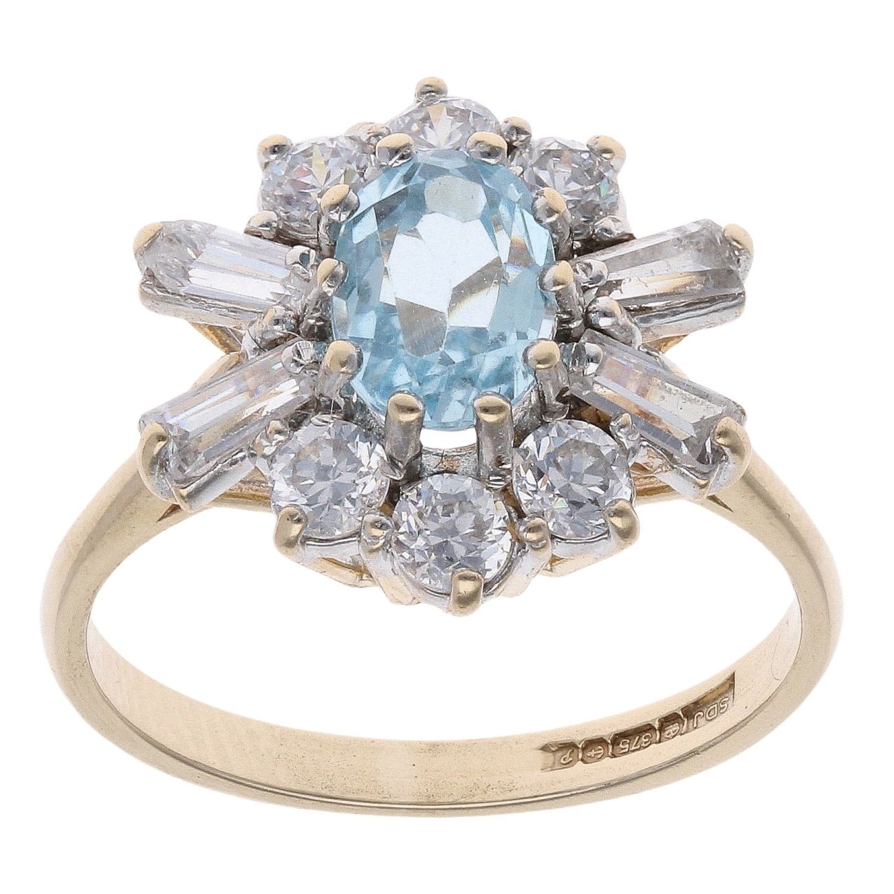 9ct Yellow Gold Aquamarine And Cubic Zirconia Cluster Ring