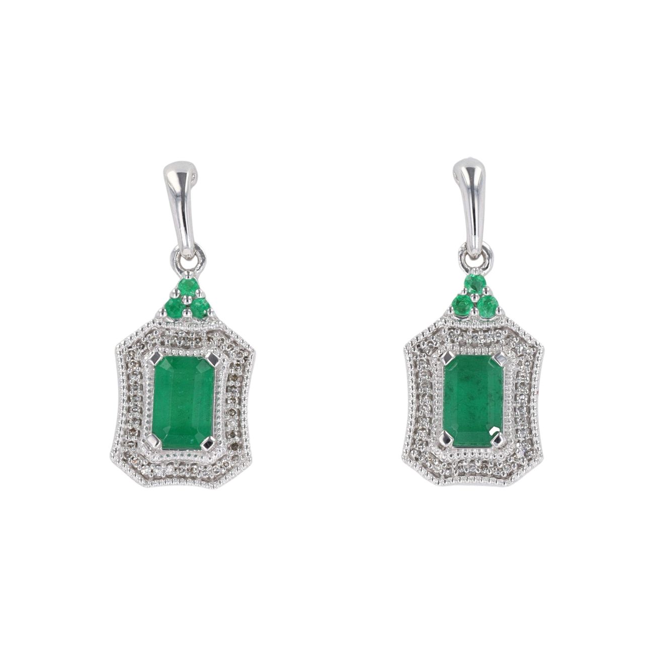 9ct White Gold Emerald And 0.11ct Diamond Shield Drop Earrings