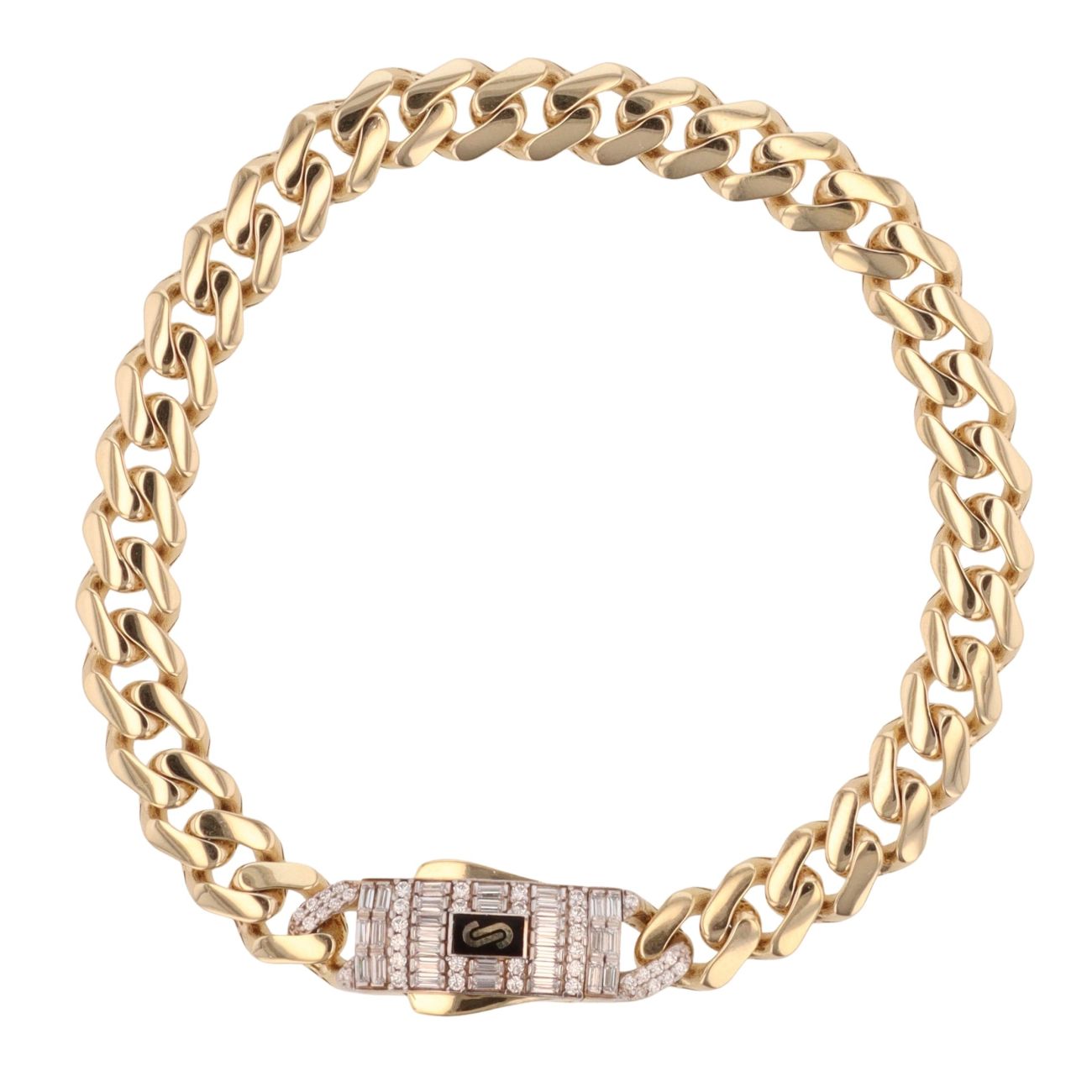 14ct Yellow Gold Monaco Classic Baguette Pave Lock Curb Bracelet 8"