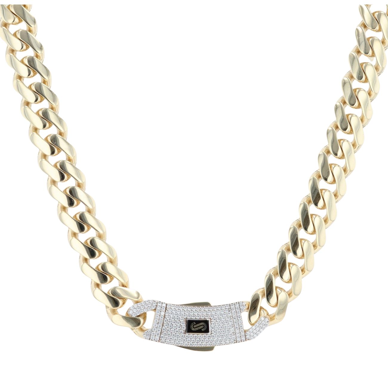14ct Yellow Gold Monaco Curb Classic Cubic Zirconia Pave Lock Chain 22"