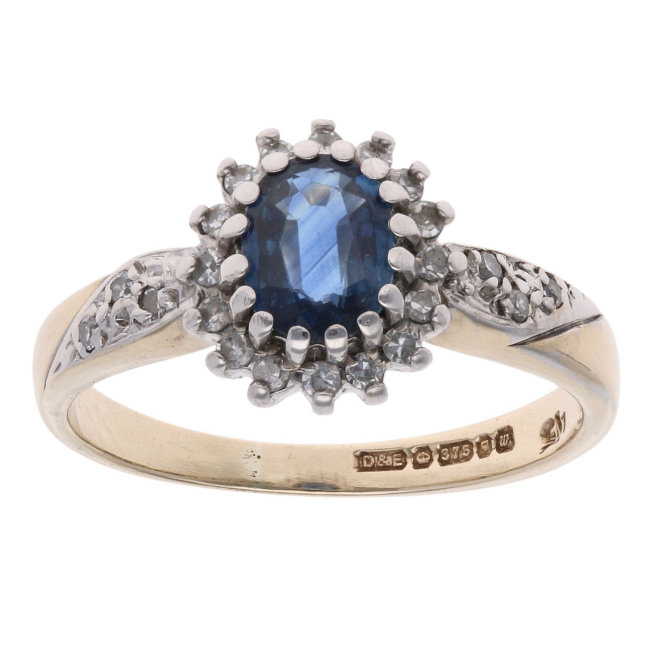 9ct Yellow Gold Sapphire and 0.15ct Diamond Cluster Ring