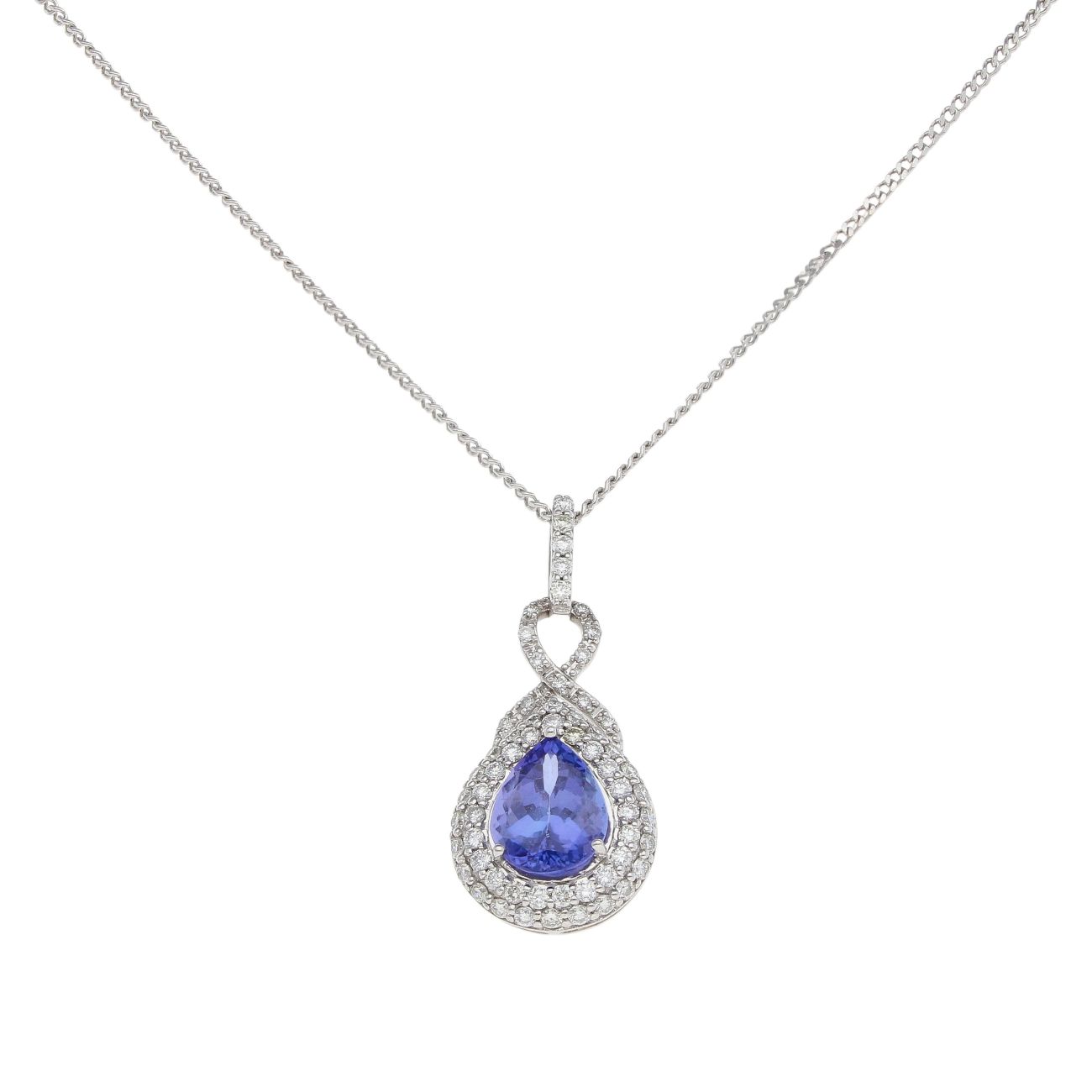 18ct White Gold 0.75ct Diamond and Tanzanite Cluster Pendant and Chain 18"