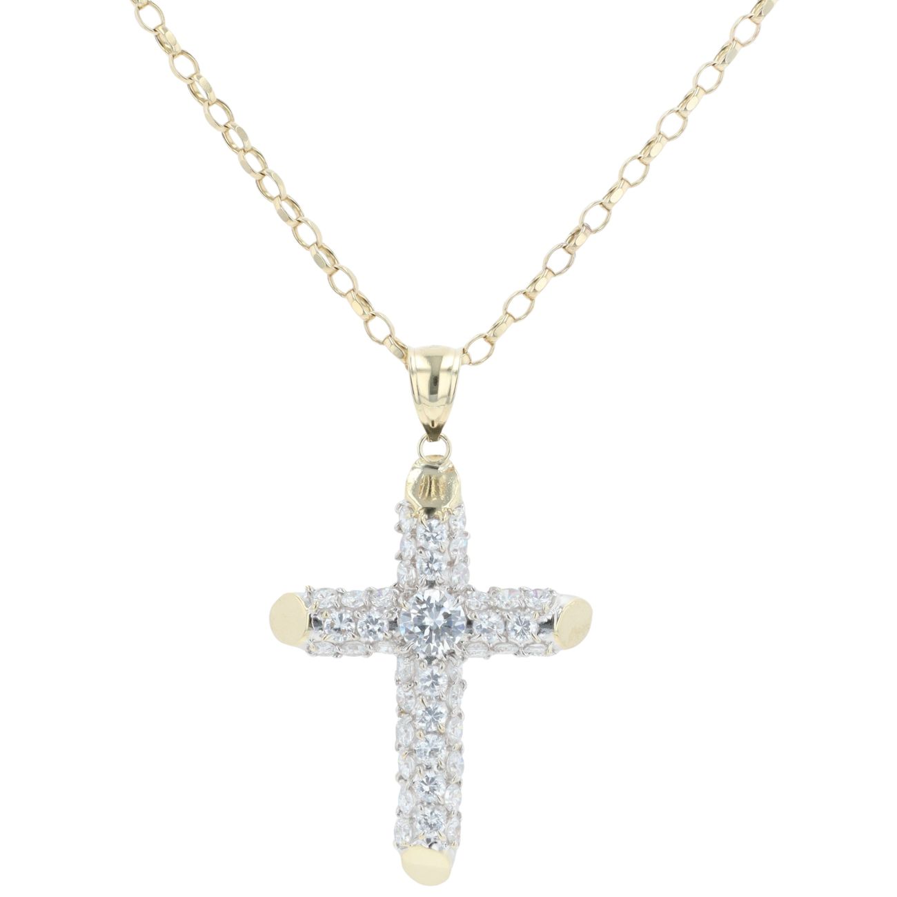 9ct Yellow Gold Cubic Zirconia Cross Pendant And Chain 26"
