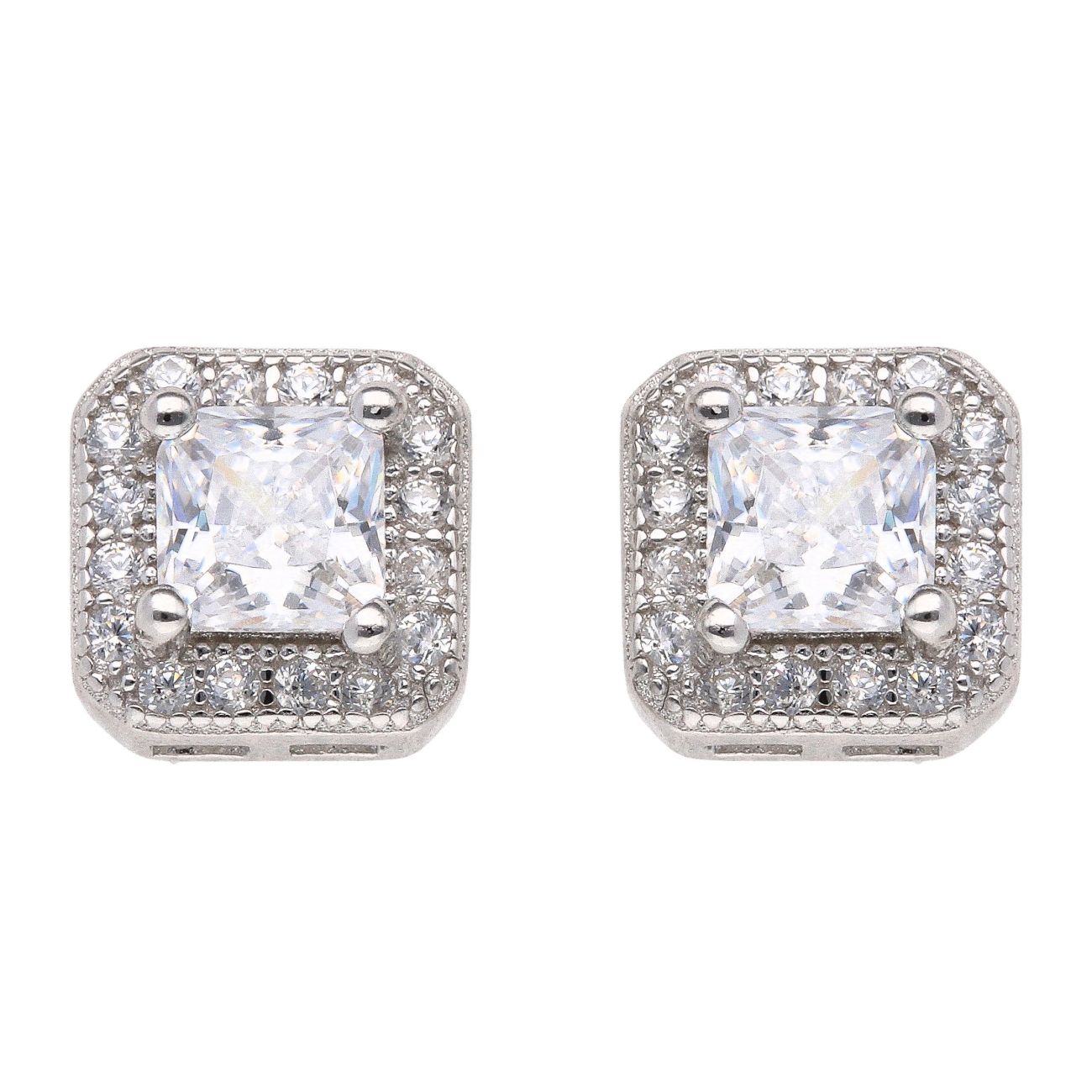 Silver Cubic Zirconia Square Cluster Stud Earrings