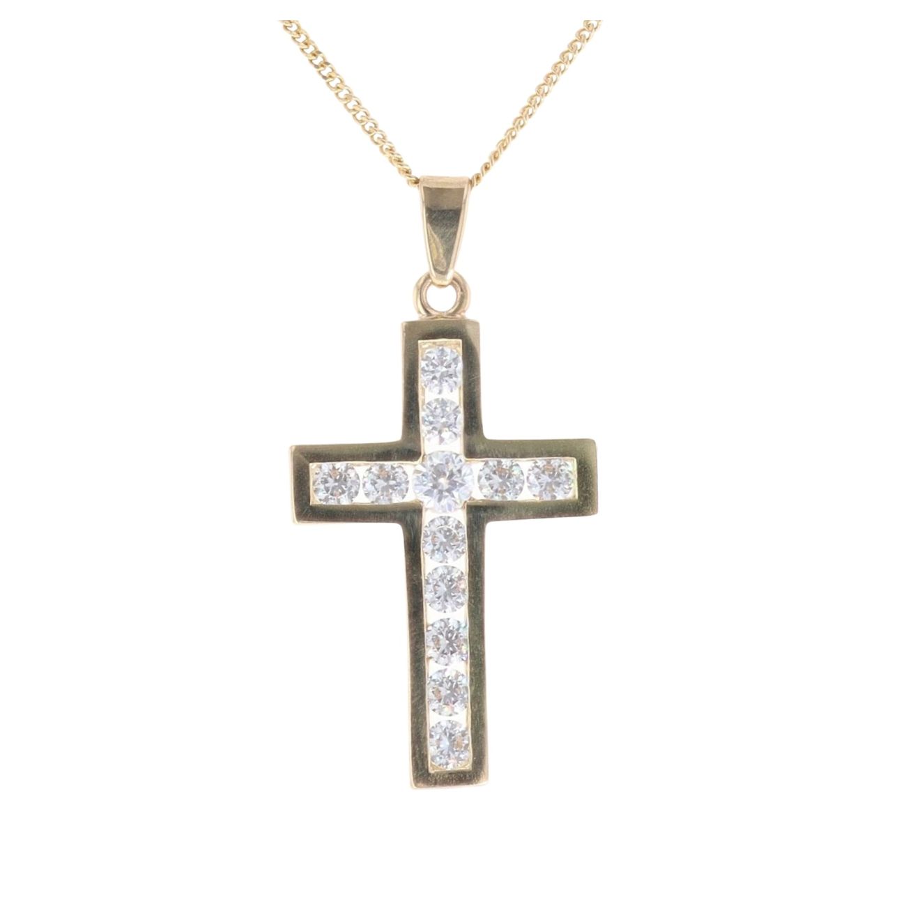 9ct Yellow Gold Cubic Zirconia Cross Pendant and Chain 18"