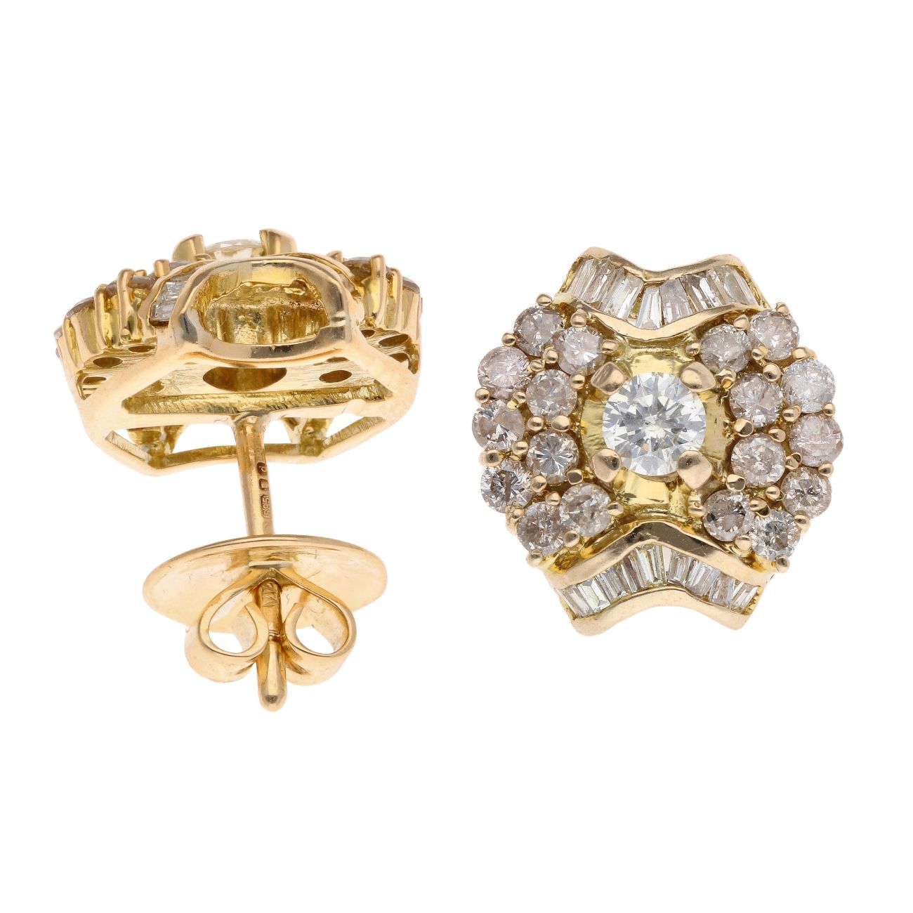 14ct Yellow Gold 2.00ct Brilliant and Baguette Cut Diamond Cluster Earrings