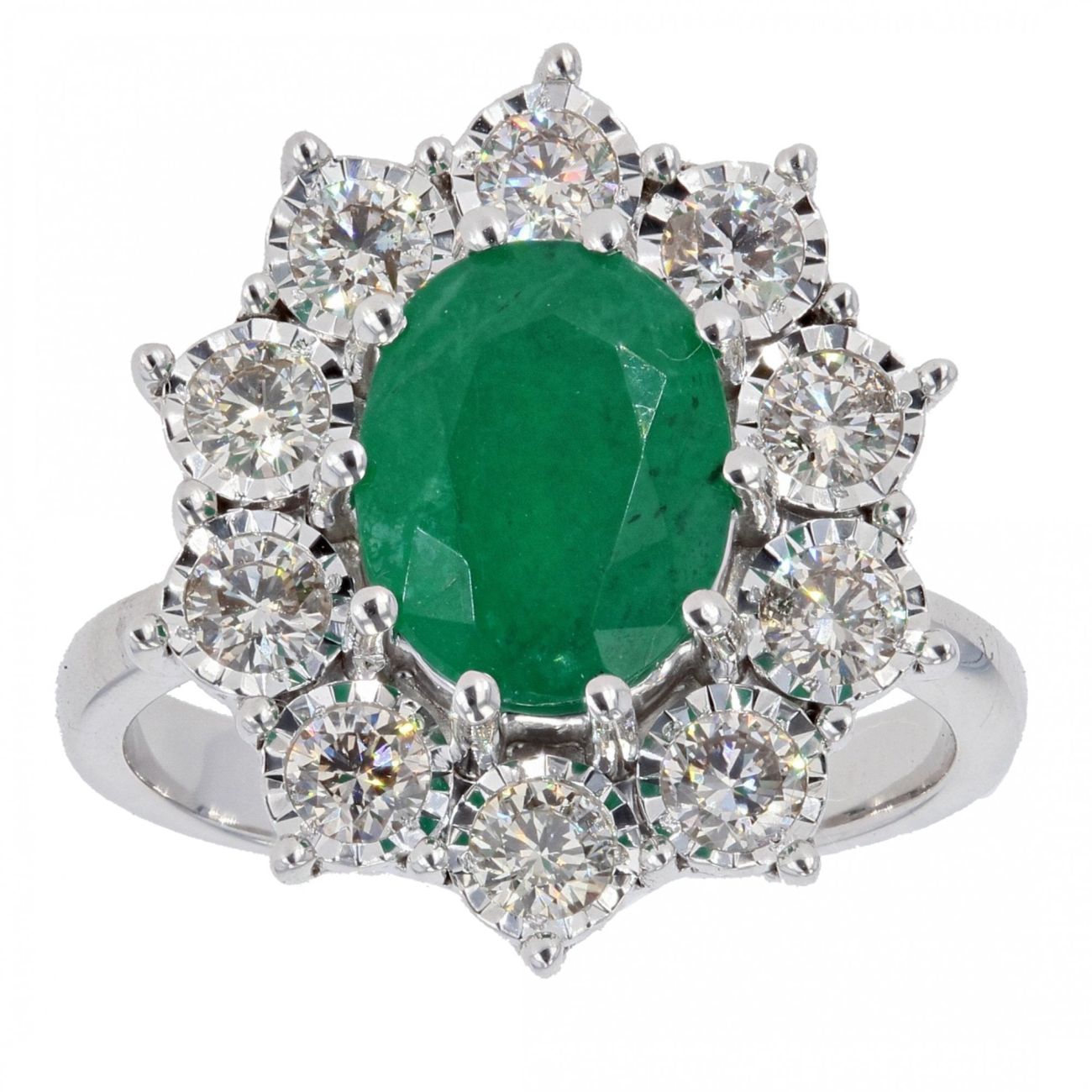 9ct White Gold 1ct Diamond And Emerald Cluster Ring