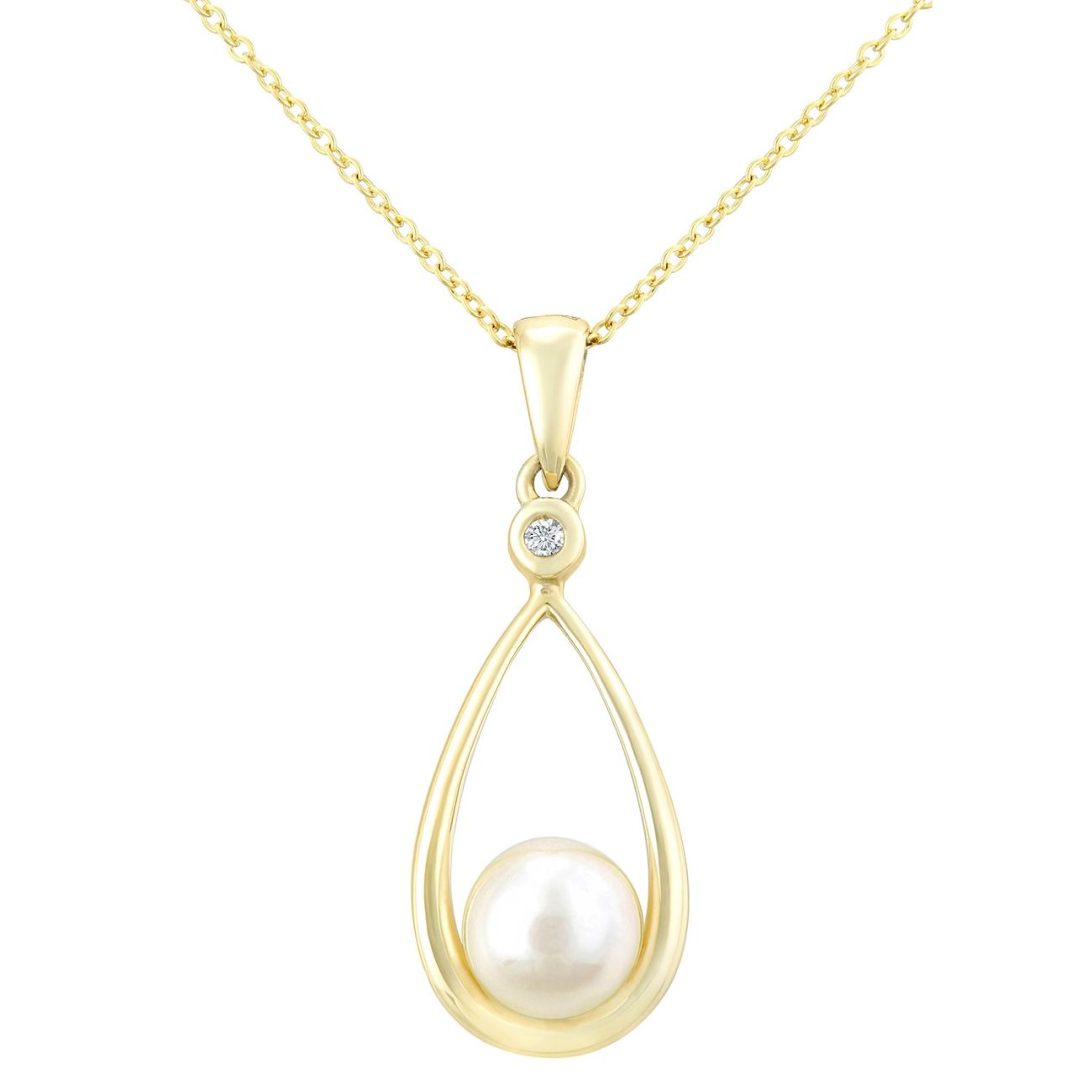 9ct Yellow Gold Cultured Pearl and Diamond Teardrop Pendant Necklace