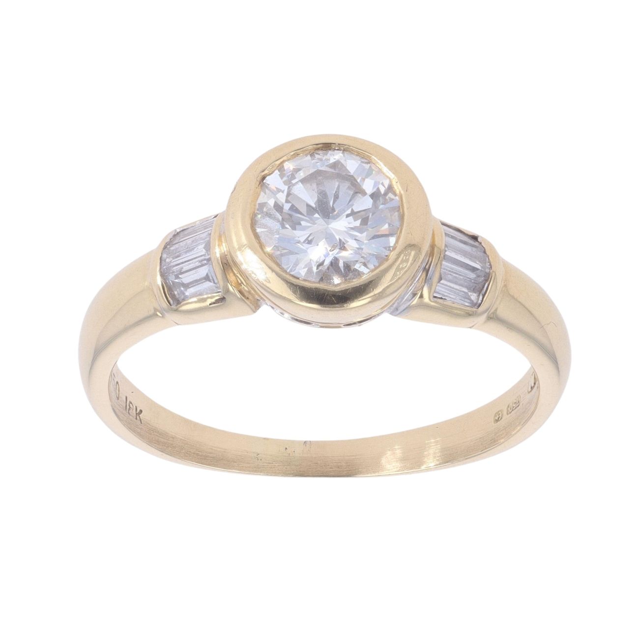 18ct Yellow Gold 0.85ct Brilliant And Baguette Cut Diamond Solitaire Ring
