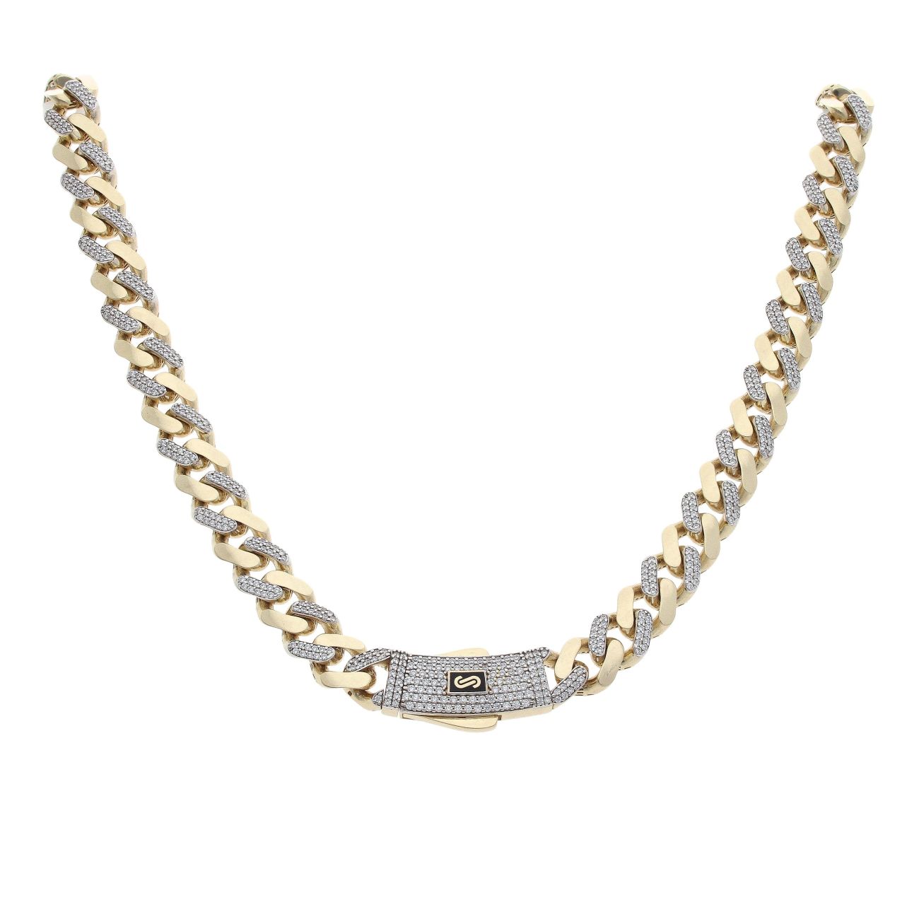 14ct Yellow Gold Monaco Curb Alternate Cubic Zirconia Pave Lock Chain 24"