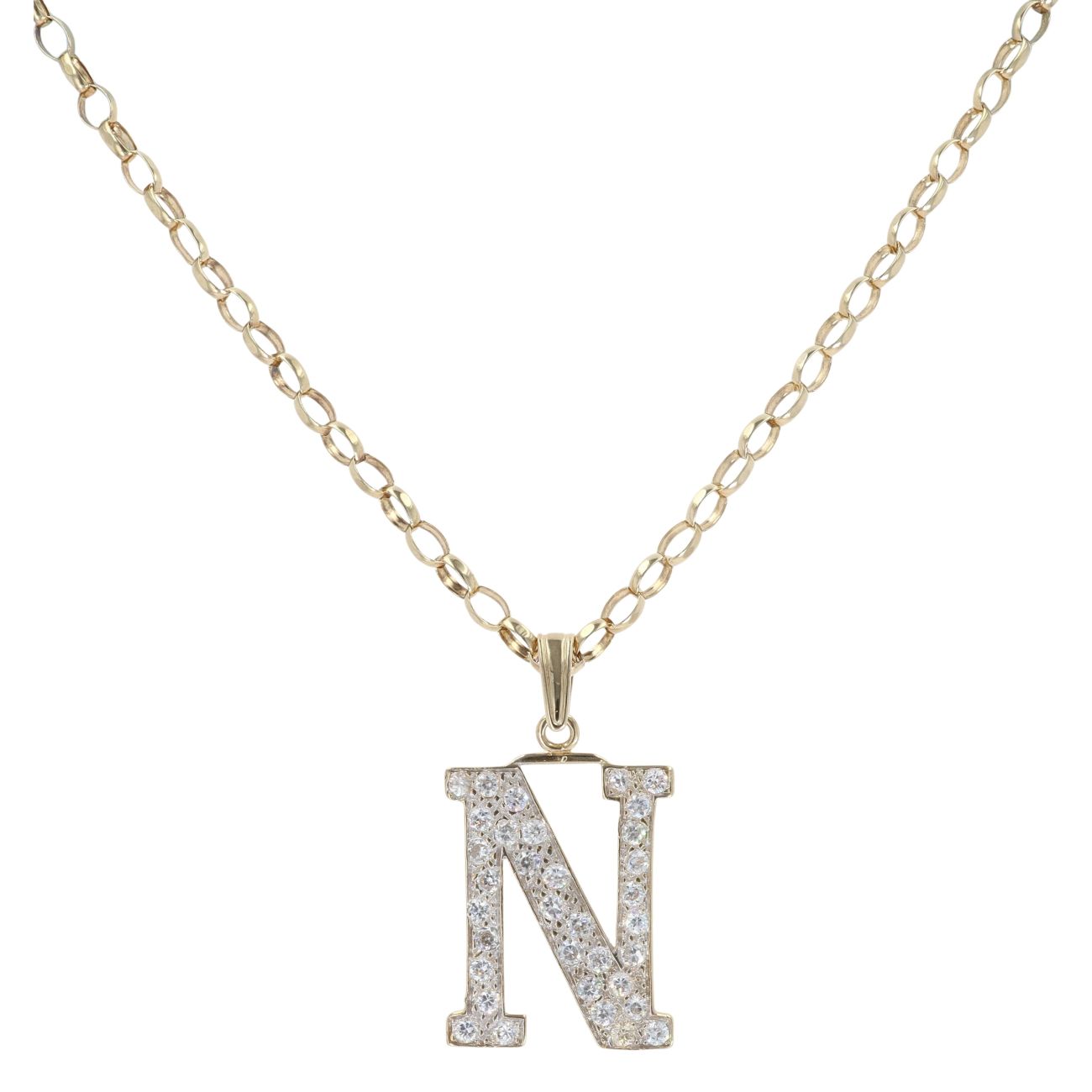9ct Yellow Gold Cubic Zirconia Initial 'N' Pendant and Chain 24"