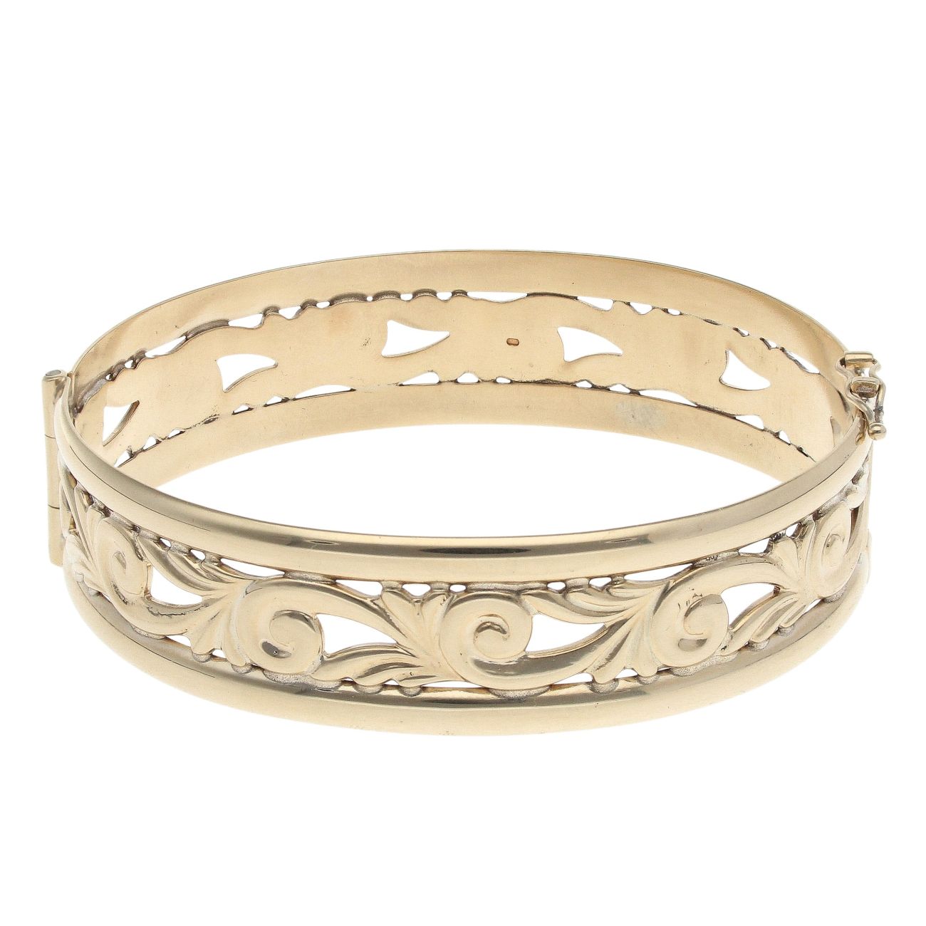 9ct Yellow Gold Filigree Patterned Hinged Bangle