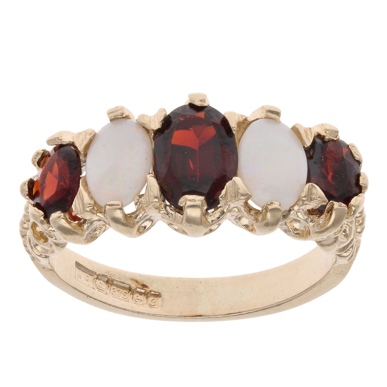 9ct Yellow Gold Garnet And Opal Five Stone Ring