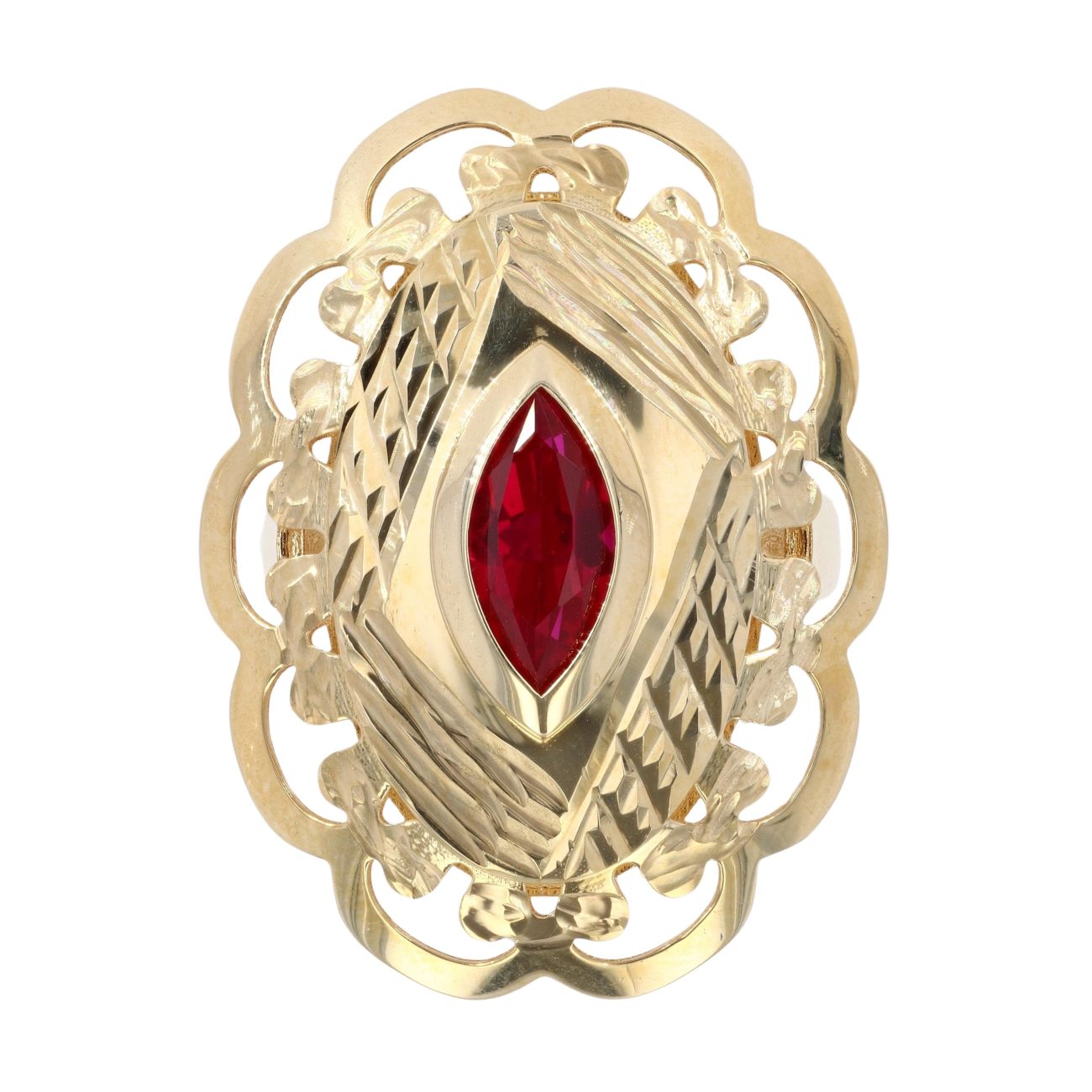 14ct Yellow Gold Red Gem Patterned Ring