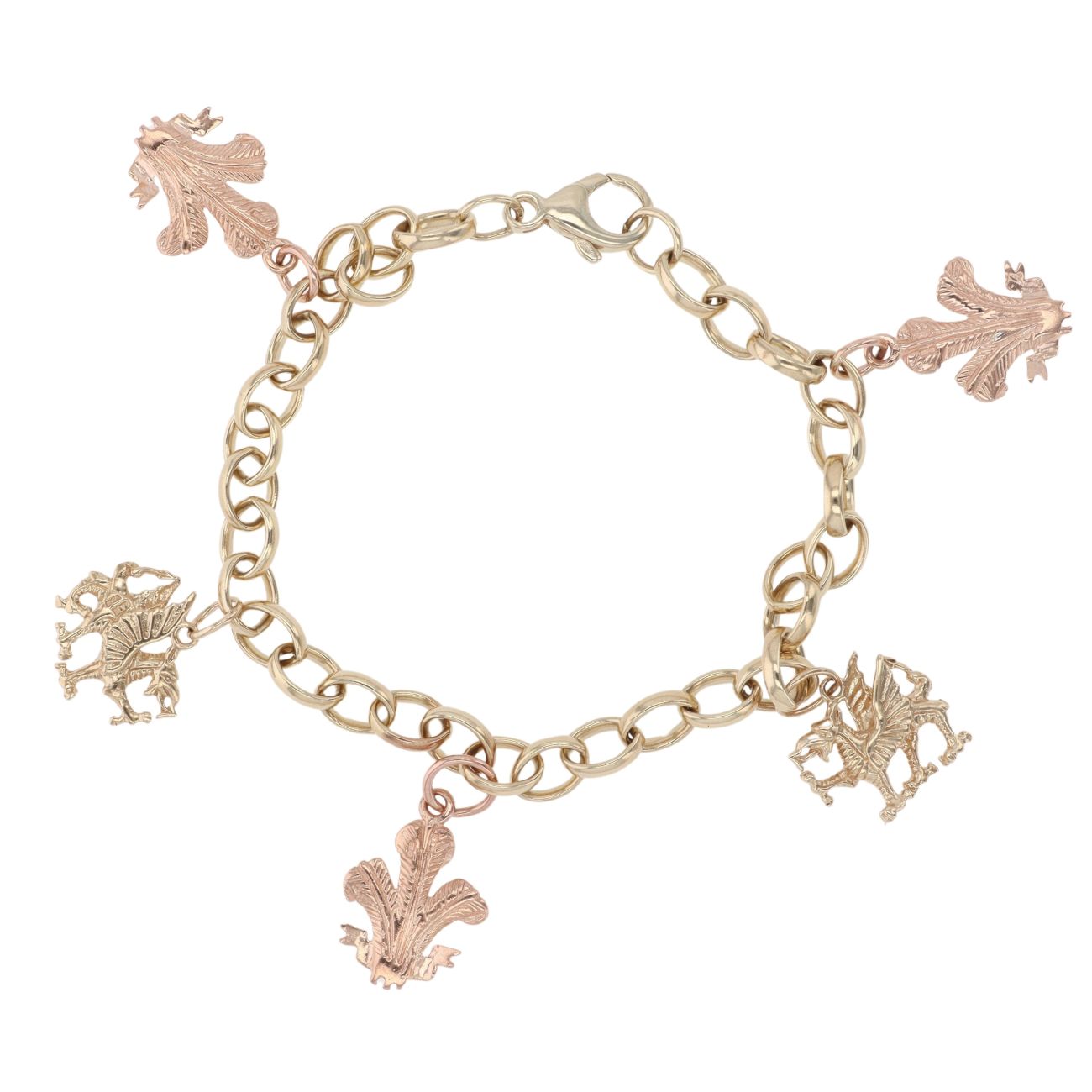 9ct Yellow And Rose Gold Welsh Feathers And Dragon Charm Bracelet 8"