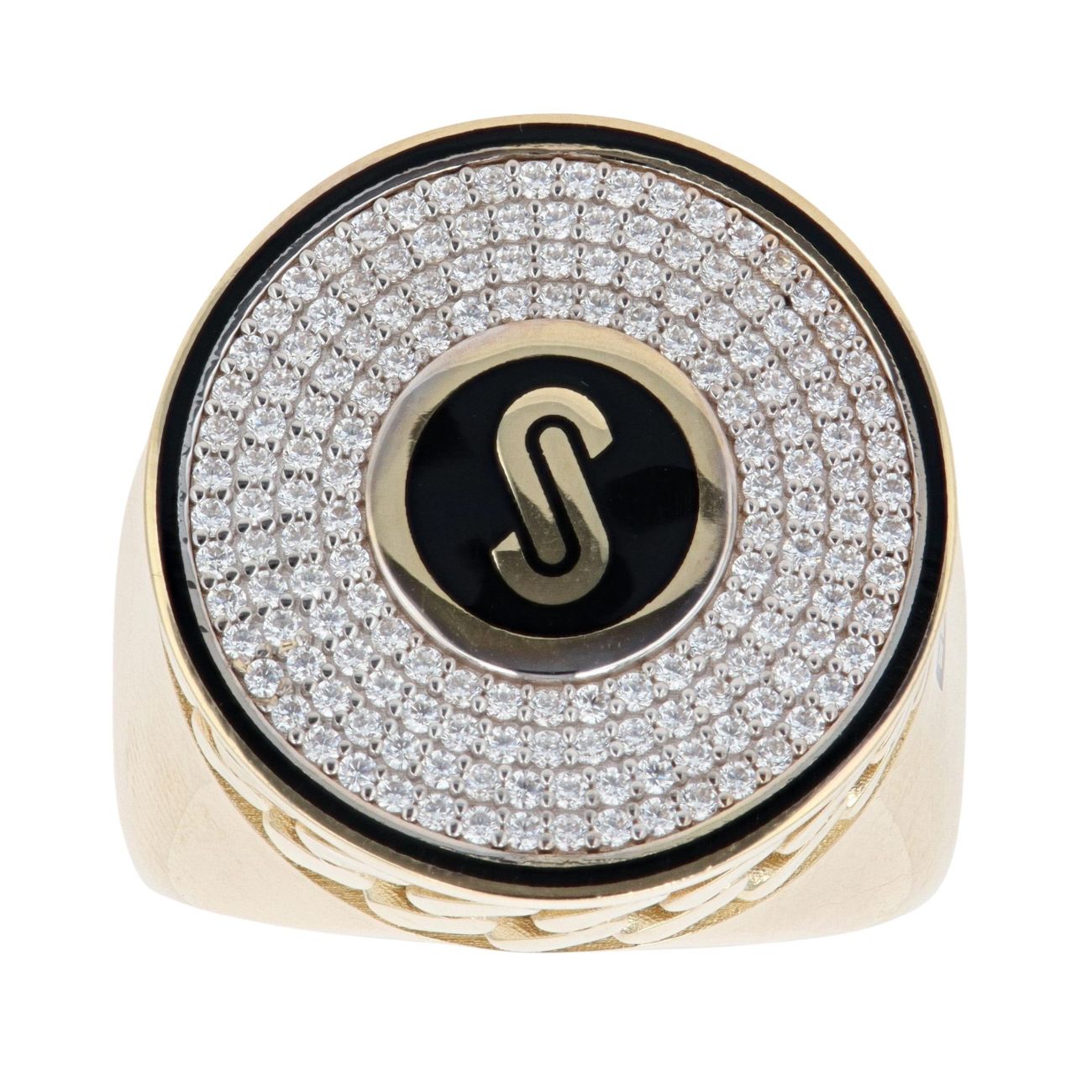 14ct Yellow Gold Monaco Cubic Zirconia and Black Enamel Circular Signet Ring