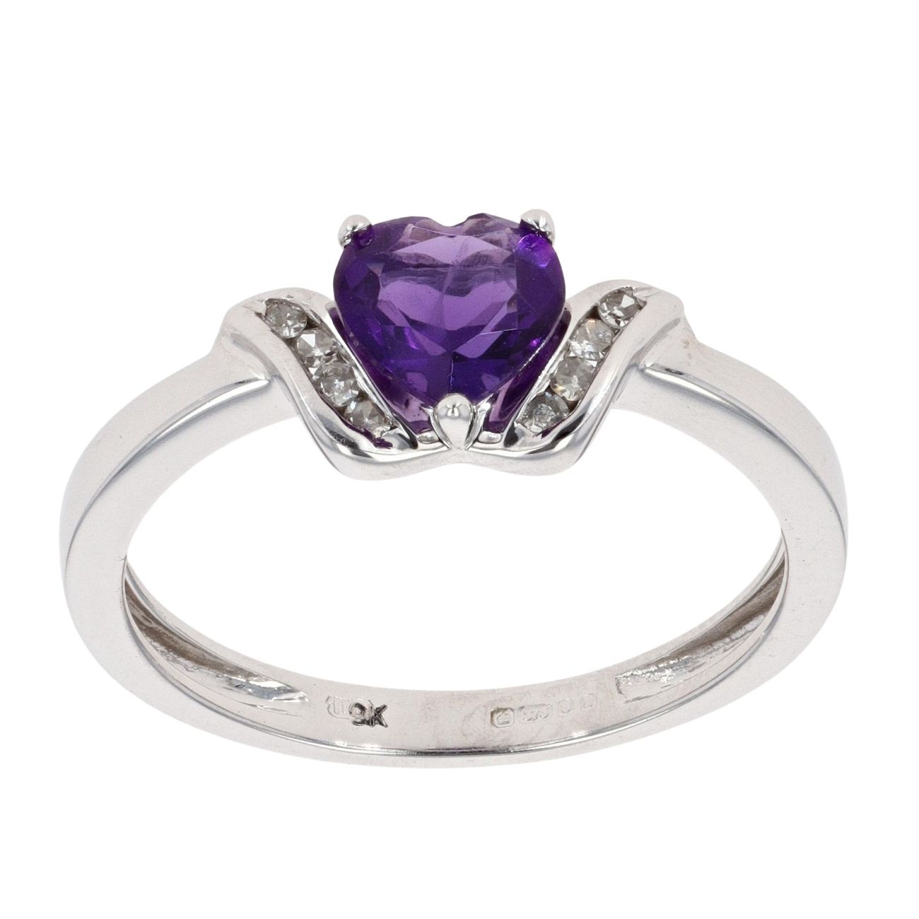 9ct White Gold Created Amethyst and Diamond Heart Dress Ring